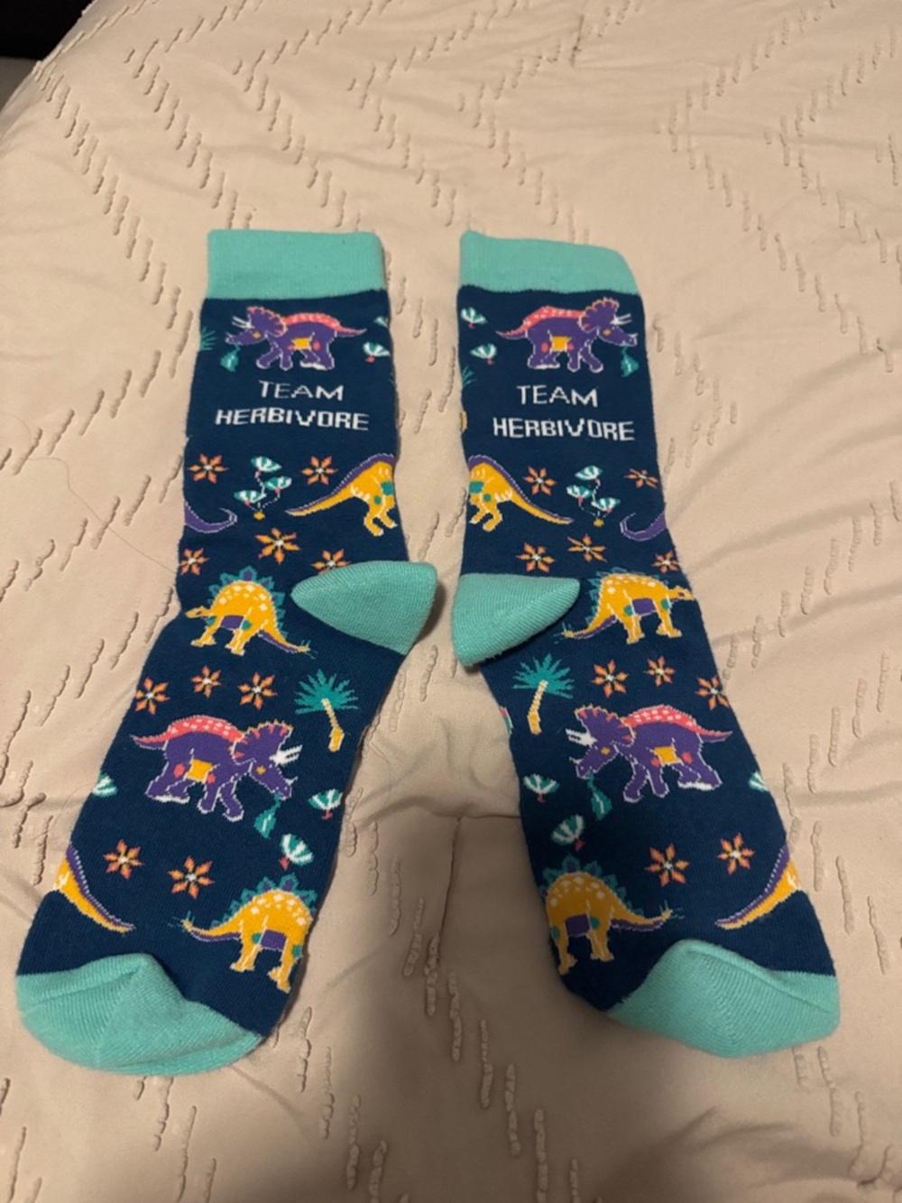 Men's 'Team Herbivore' Dinosaur Crew Socks - Navy & Teal